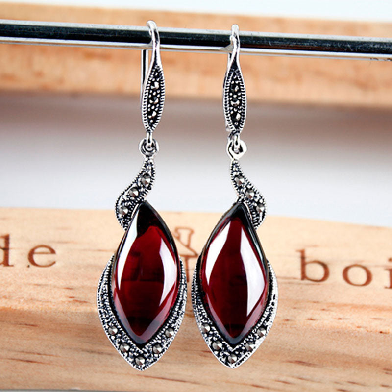S925 Silver Red Garnet Drop Earrings for Women