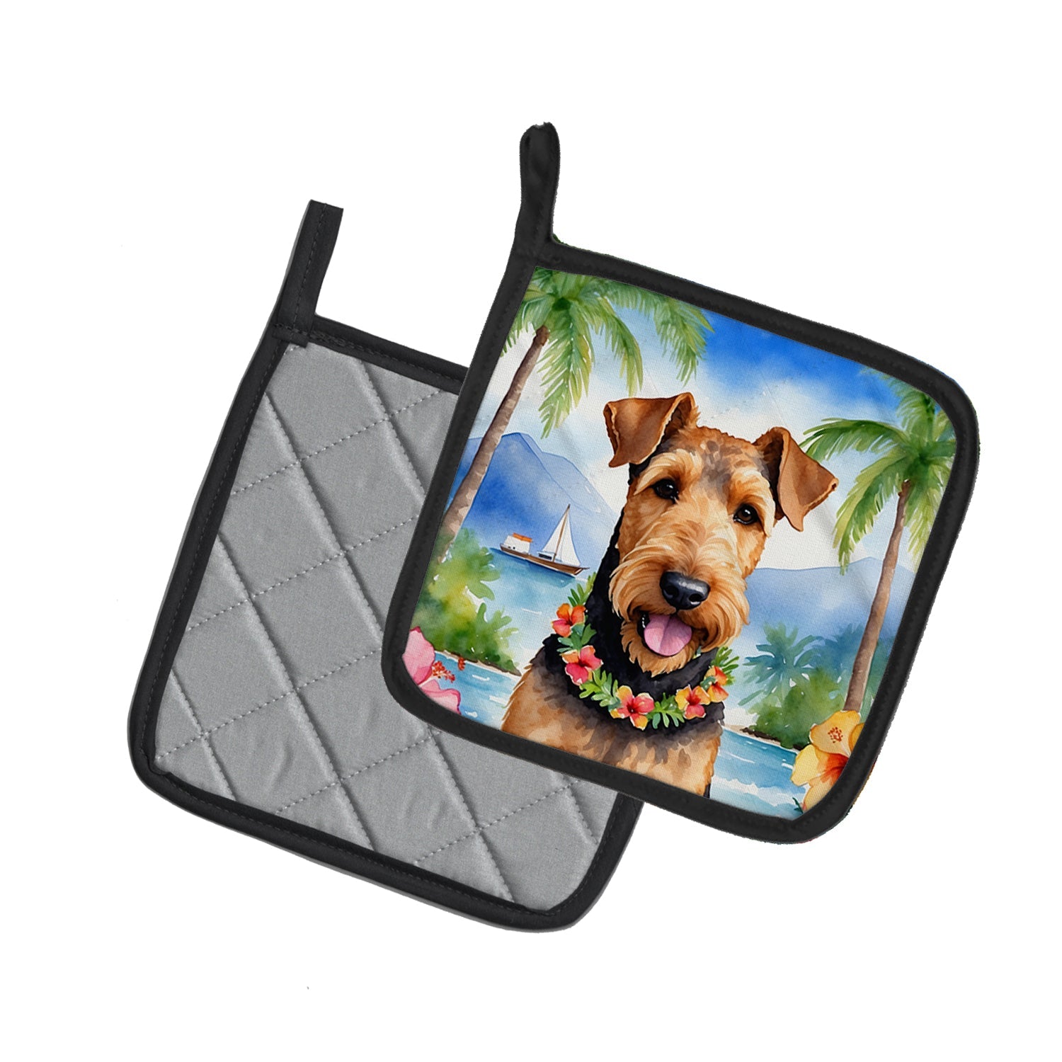 Airedale Terrier Luau Pair of Pot Holders Artwork