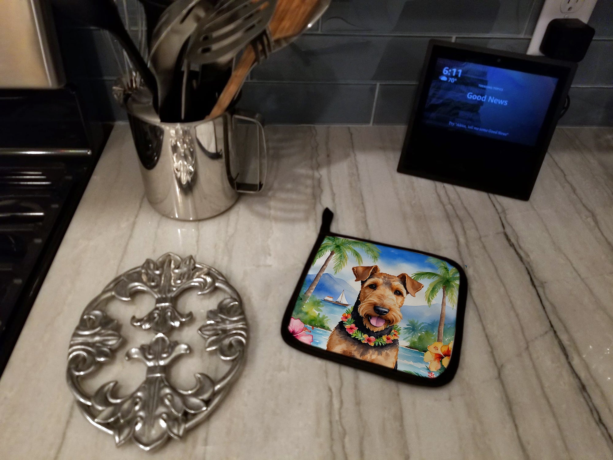 Airedale Terrier Luau Pair of Pot Holders Artwork