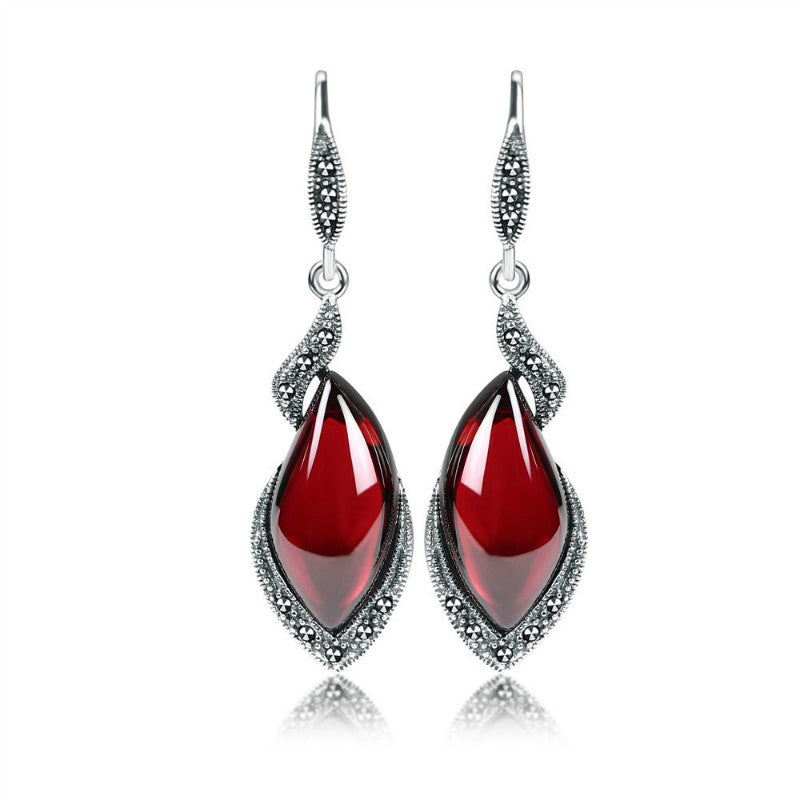 S925 Silver Red Garnet Drop Earrings for Women