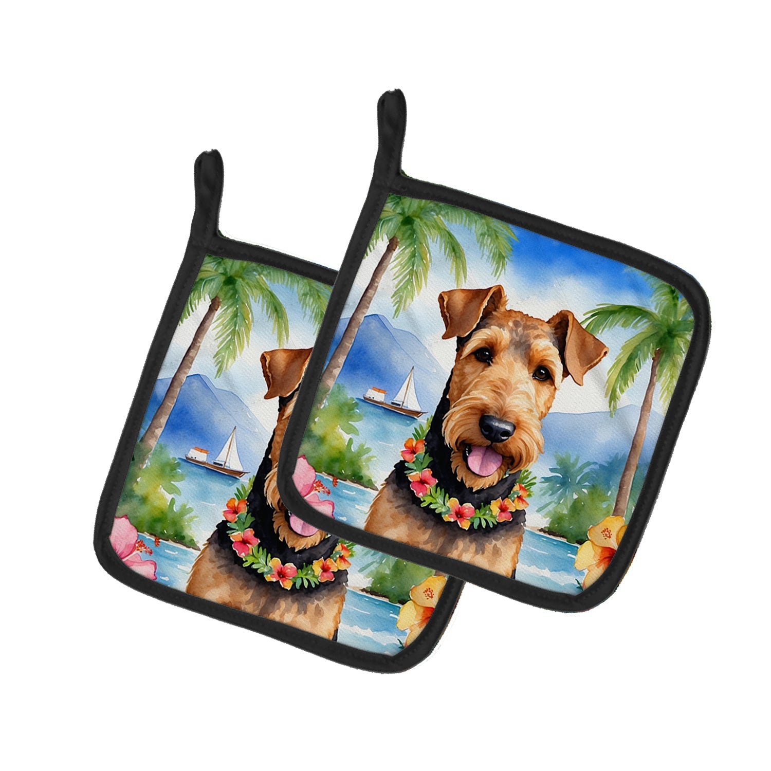 Airedale Terrier Luau Pair of Pot Holders Artwork